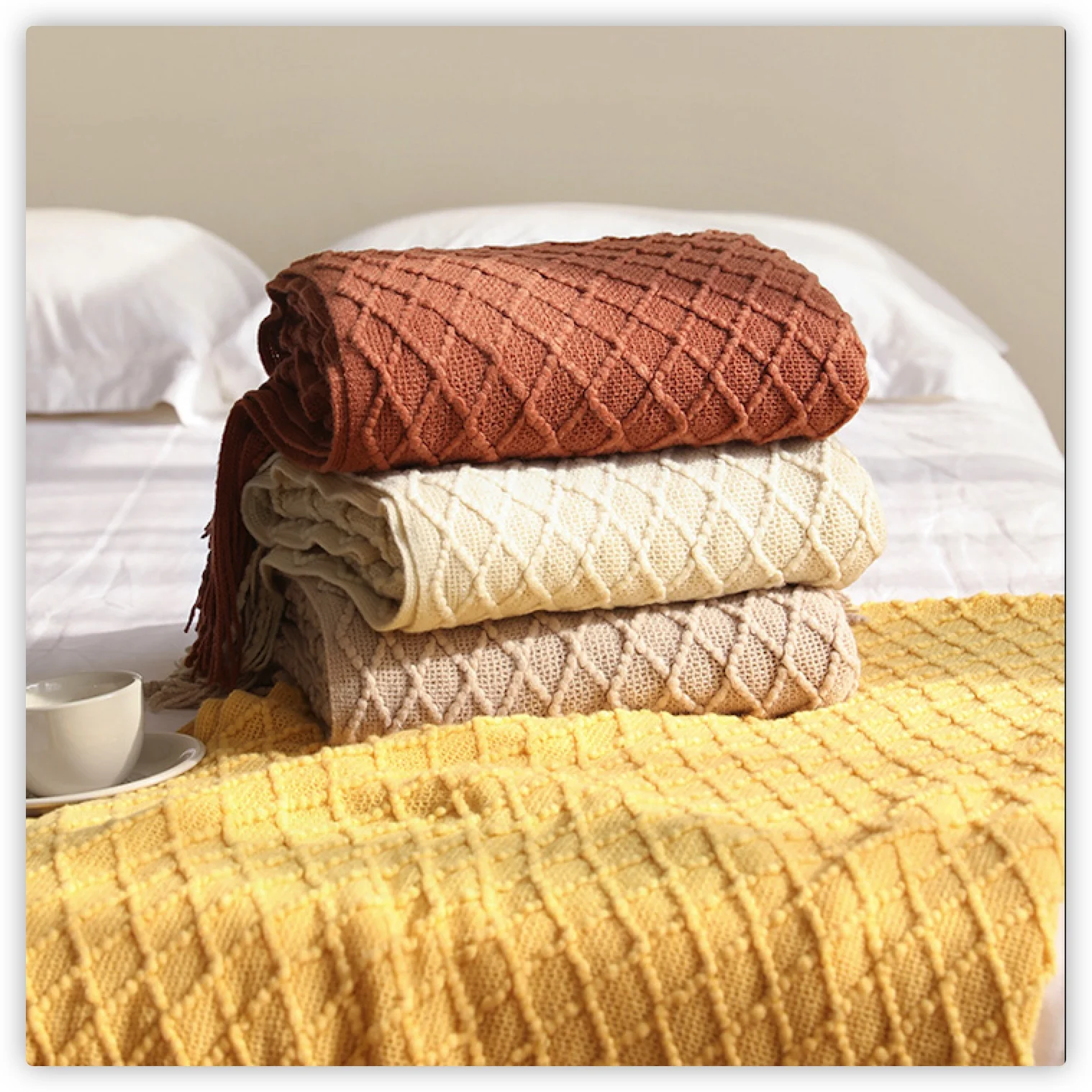 Boho Throw Blanket Fringe - Textile City Diamond Knit Plaid met